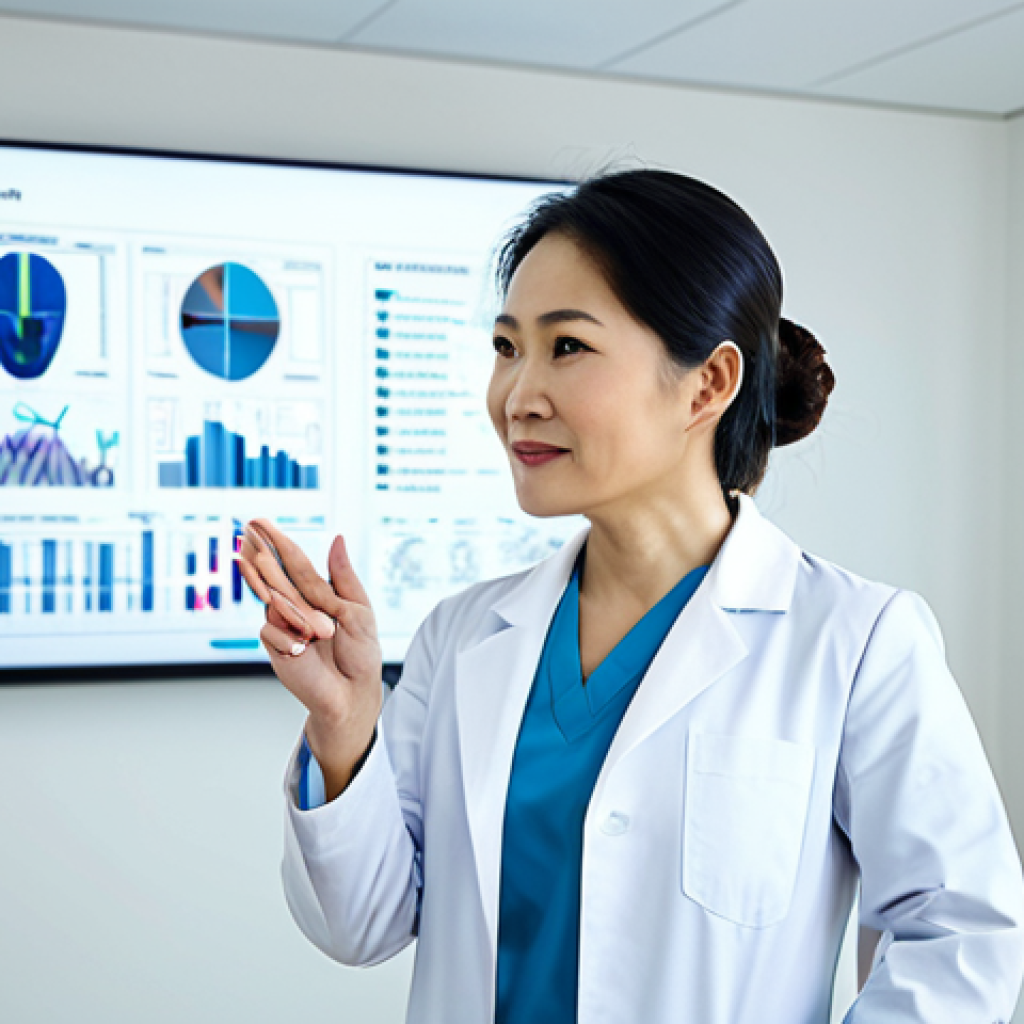 A professional Vietnamese female doctor, approximately 35-45 years old, with a knowledgeable and compassionate expression, wearing a modest, clean white lab coat over professional attire. She is standing in a brightly lit, modern medical consultation room, gently gesturing towards a subtle, abstract digital display on a wall that visually represents complex health information or nutritional pathways. The background is clean and professional, with blurred, tasteful medical decor. This image emphasizes expert guidance and responsible health decisions. Perfect anatomy, correct proportions, natural pose, well-formed hands, proper finger count, natural body proportions. Safe for work, appropriate content, fully clothed, professional, modest clothing, appropriate attire, professional dress.