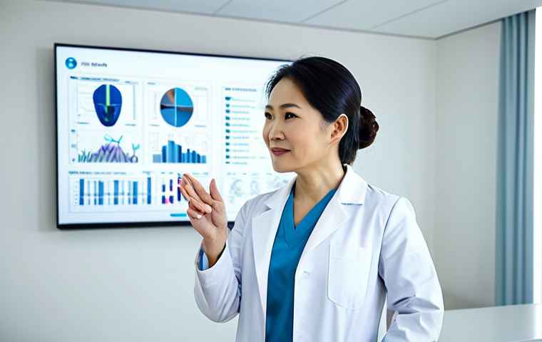 A professional Vietnamese female doctor, approximately 35-45 years old, with a knowledgeable and compassionate expression, wearing a modest, clean white lab coat over professional attire. She is standing in a brightly lit, modern medical consultation room, gently gesturing towards a subtle, abstract digital display on a wall that visually represents complex health information or nutritional pathways. The background is clean and professional, with blurred, tasteful medical decor. This image emphasizes expert guidance and responsible health decisions. Perfect anatomy, correct proportions, natural pose, well-formed hands, proper finger count, natural body proportions. Safe for work, appropriate content, fully clothed, professional, modest clothing, appropriate attire, professional dress.