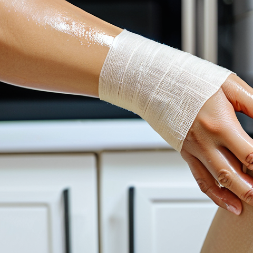 Chitosan Bandage for Wound Healing**
A close-up image showcasing a modern chitosan bandage applied to a minor burn on a Vietnamese woman's arm. Focus on the texture of the bandage and the healthy skin surrounding the wound. Background: A clean, bright Vietnamese home kitchen. Keywords: chitosan, bandage, wound healing, burn, Vietnamese, safe for work, appropriate content, fully clothed, modest, professional photography, perfect anatomy, natural proportions.
**