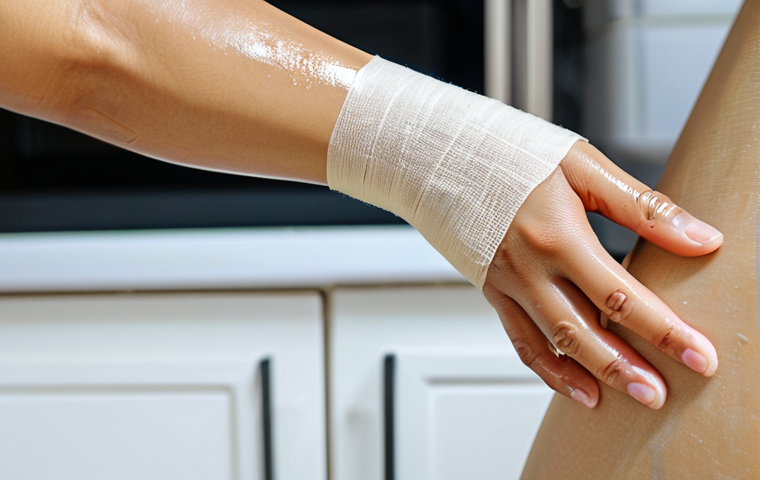 Chitosan Bandage for Wound Healing**
A close-up image showcasing a modern chitosan bandage applied to a minor burn on a Vietnamese woman's arm. Focus on the texture of the bandage and the healthy skin surrounding the wound. Background: A clean, bright Vietnamese home kitchen. Keywords: chitosan, bandage, wound healing, burn, Vietnamese, safe for work, appropriate content, fully clothed, modest, professional photography, perfect anatomy, natural proportions.
**
