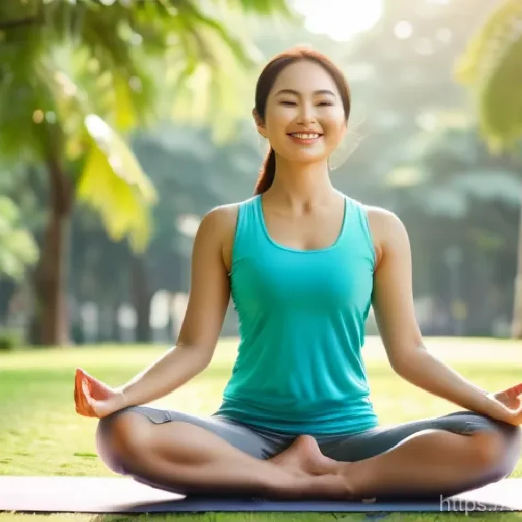 키토산의 사회적 영향력 - A vibrant Vietnamese woman in her late 20s, with a radiant smile, practicing gentle yoga outdoors in...