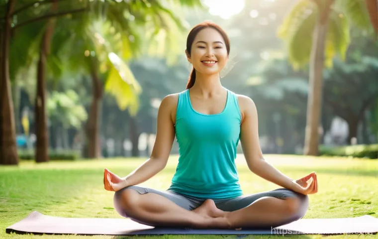 키토산의 사회적 영향력 - A vibrant Vietnamese woman in her late 20s, with a radiant smile, practicing gentle yoga outdoors in...