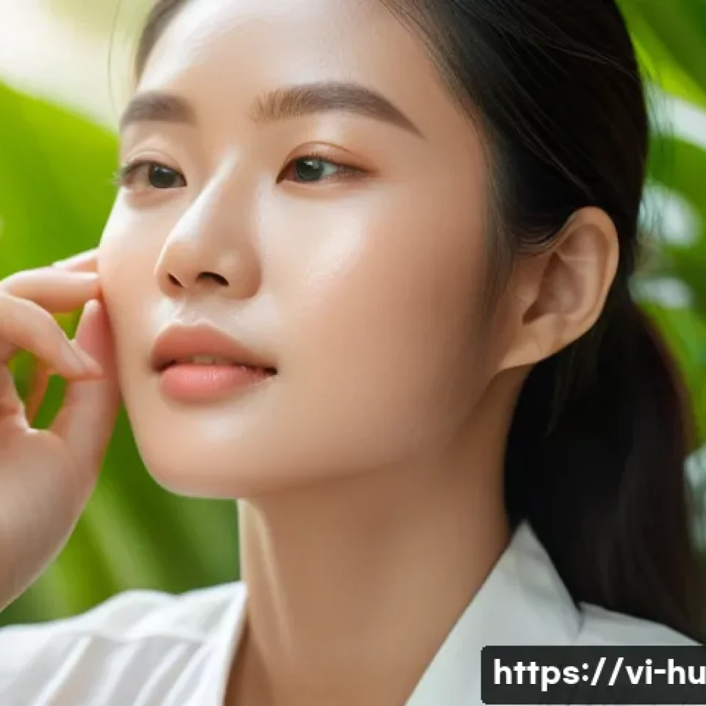 키토산을 활용한 여름 피부 관리법 - A close-up portrait of a young Vietnamese woman with clear, glowing skin applying a lightweight chit...