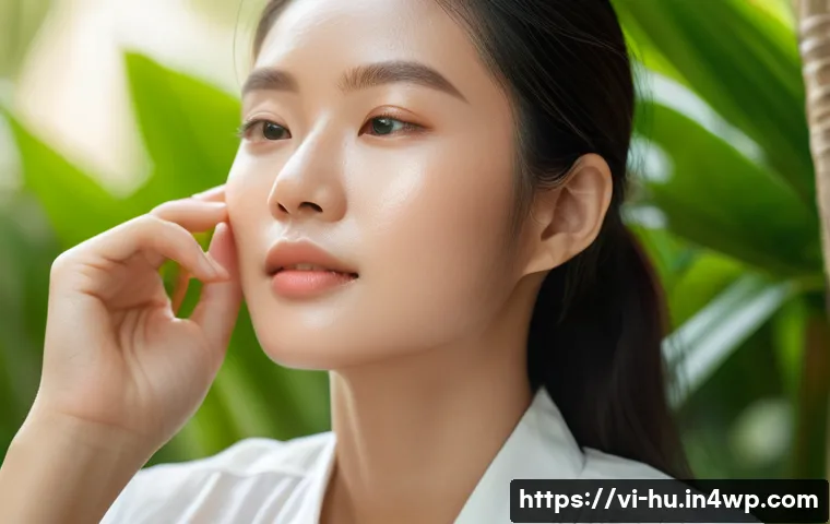 키토산을 활용한 여름 피부 관리법 - A close-up portrait of a young Vietnamese woman with clear, glowing skin applying a lightweight chit...