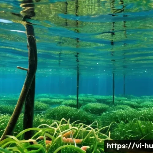 Home 33 키토산의 해양 생물학적 응용 - A detailed underwater scene showing a sustainable shrimp farm in the Mekong Delta, Vietnam, with hea...
