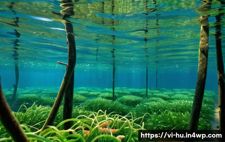 키토산의 해양 생물학적 응용 - A detailed underwater scene showing a sustainable shrimp farm in the Mekong Delta, Vietnam, with hea...
