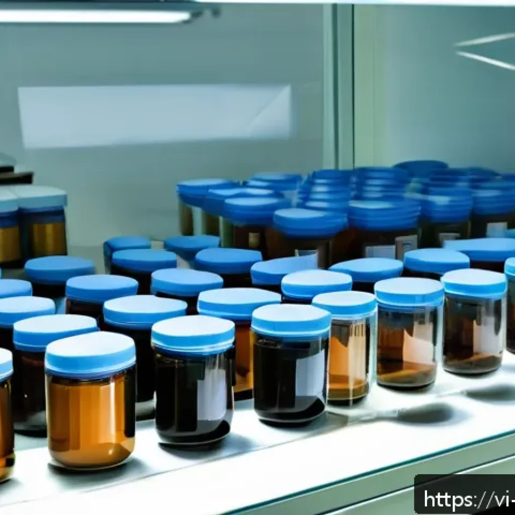 키토산의 장기 저장성 분석 - A high-detail scientific laboratory scene showcasing glass jars and plastic containers filled with f...