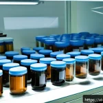 Home 18 키토산의 장기 저장성 분석 - A high-detail scientific laboratory scene showcasing glass jars and plastic containers filled with f...