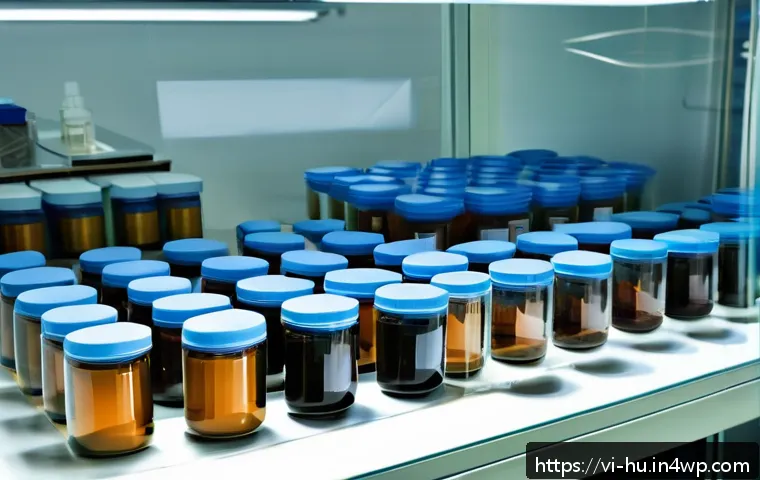 키토산의 장기 저장성 분석 - A high-detail scientific laboratory scene showcasing glass jars and plastic containers filled with f...