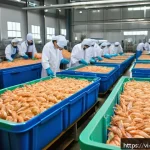 Home 23 키토산 소재의 재활용 가능성 - A modern Vietnamese seafood processing factory interior showing advanced chitosan extraction technol...