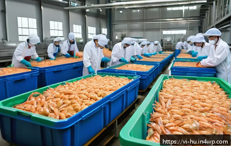 키토산 소재의 재활용 가능성 - A modern Vietnamese seafood processing factory interior showing advanced chitosan extraction technol...